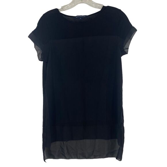 French Connection Polly Raw Edge Semi Sheer Layered Top Size S Black High Low - Picture 2 of 8